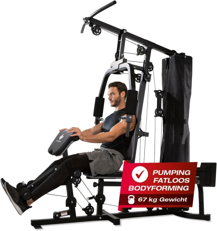 FitEngine Kraftstation | Multifunktions-Homegym für den ganzen Körper | Gewichte bis zu 67 kg einstellbar, mit Latzugstange, Beinpresse, Bizepscurl-Polster u.v.m. | Hochwertiges Stahlmaterial