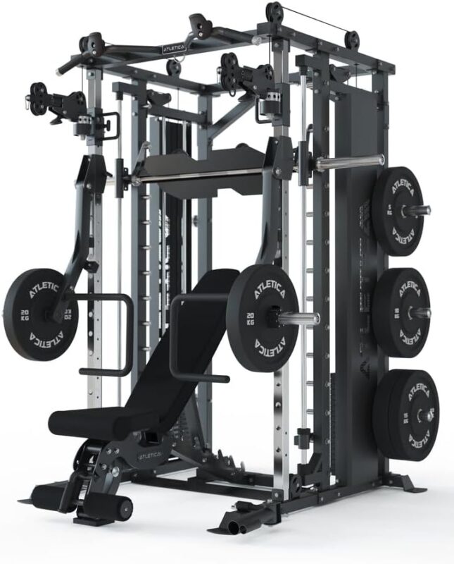 ATLETICA Fortress Multipresse Set | Target | Kraftstation mit B6 Hantelbank, Jammer Arms, Smith Machine & 360° Cable Cross | Kabelzug mit 180kg Steckgewichten