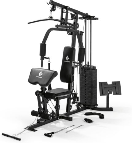 FitEngine Kraftstation | Multifunktions-Homegym für den ganzen Körper | Gewichte bis zu 67 kg einstellbar, mit Latzugstange, Beinpresse, Bizepscurl-Polster u.v.m. | Hochwertiges Stahlmaterial