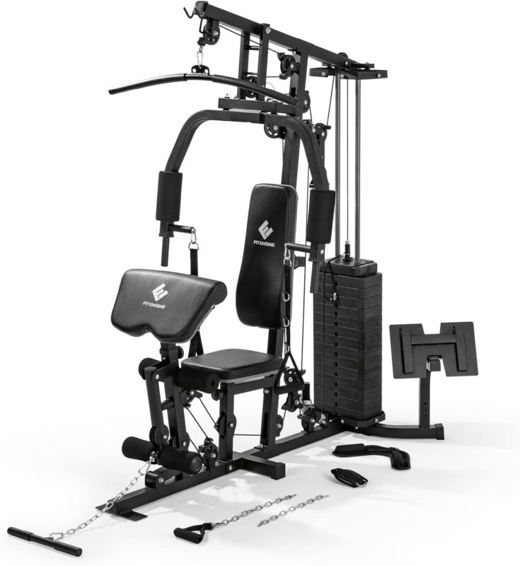 FitEngine Kraftstation | Multifunktions-Homegym für den ganzen Körper | Gewichte bis zu 67 kg einstellbar, mit Latzugstange, Beinpresse, Bizepscurl-Polster u.v.m. | Hochwertiges Stahlmaterial