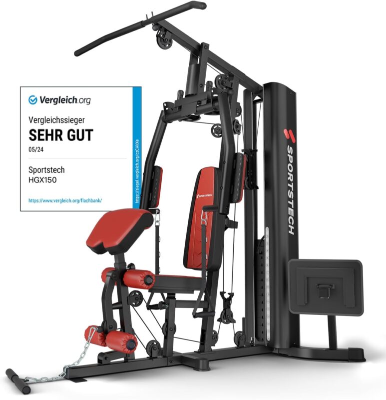 Sportstech Kraftstation für Zuhause HGX150/HGX200, Multifunktions-Homegym mit Latzug, Butterfly, Stepper & Powertower, Fitnessstation, 70kg Trainingsgewicht für Ganzkörpertraining & Muskelaufbau