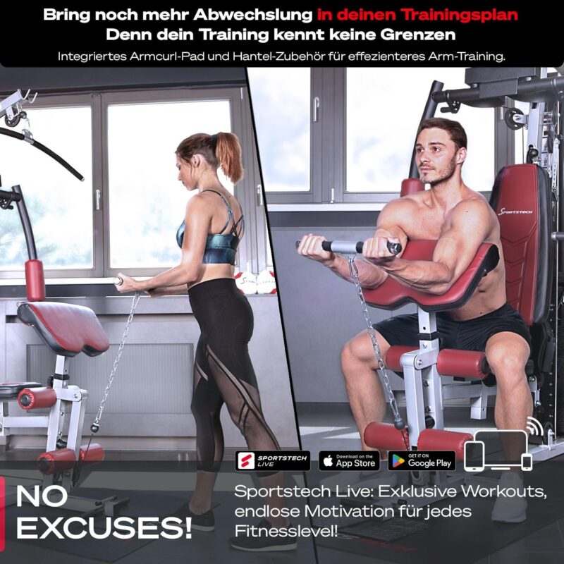 Sportstech Kraftstation HGX100/HGX300 Multifunktions-Homegym – über 45 Übungen Ganzkörper, Latzugturm, Kabelturm, Butterfly, Bankdrücken & Beinstrecker, bis 80 kg Gewichtsblock, für Zuhause
