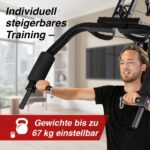 FitEngine Kraftstation | Multifunktions-Homegym für den ganzen Körper | Gewichte bis zu 67 kg einstellbar, mit Latzugstange, Beinpresse, Bizepscurl-Polster u.v.m. | Hochwertiges Stahlmaterial