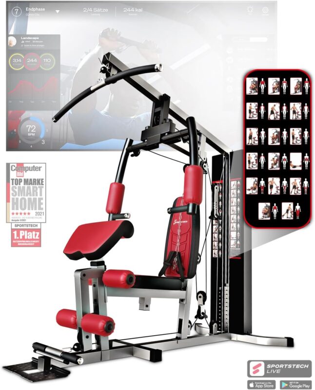 Sportstech Kraftstation HGX100/HGX300 Multifunktions-Homegym – über 45 Übungen Ganzkörper, Latzugturm, Kabelturm, Butterfly, Bankdrücken & Beinstrecker, bis 80 kg Gewichtsblock, für Zuhause