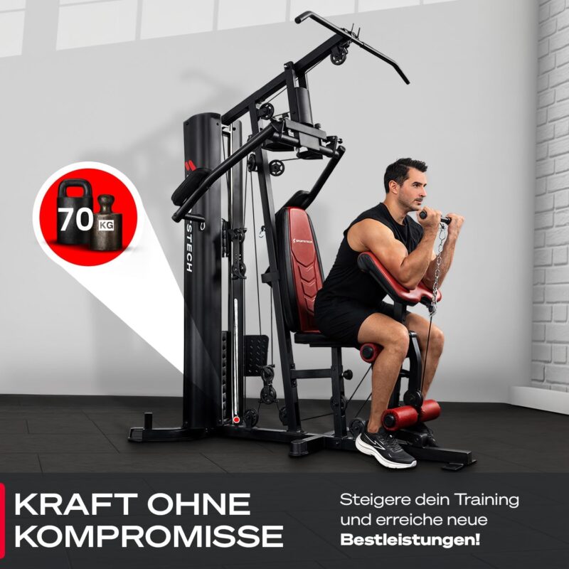 Sportstech Kraftstation für Zuhause HGX150/HGX200, Multifunktions-Homegym mit Latzug, Butterfly, Stepper & Powertower, Fitnessstation, 70kg Trainingsgewicht für Ganzkörpertraining & Muskelaufbau