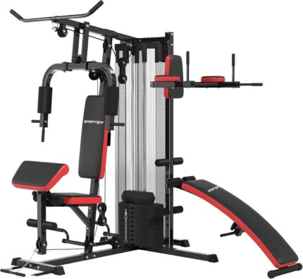 SPORTNOW Kraftstation, Multifunktionale Fitnessstation mit Butterfly- & Latzugstange, Curler, Brustpresse, Sit-Up-Bank, Fitnessgerät mit 65 kg Gewichtsblöcken, Schutzabdeckung, für Zuhause, Schwarz