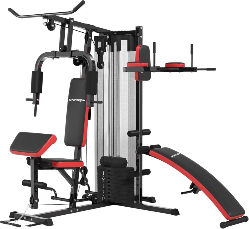 SPORTNOW Kraftstation, Multifunktionale Fitnessstation mit Butterfly- & Latzugstange, Curler, Brustpresse, Sit-Up-Bank, Fitnessgerät mit 65 kg Gewichtsblöcken, Schutzabdeckung, für Zuhause, Schwarz