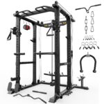 Sportsroyals Power Rack, multifunktionaler Power-Käfig mit LAT-Pulldown-Riemenscheibensystem, Kniebeugenständer mit mehr Trainingsaufsätzen für Zuhause, Fitnessstudio, 544 kg Tragkraft, Rot