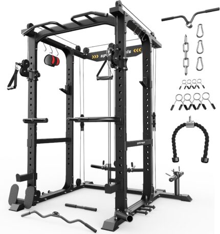 Sportsroyals Power Rack, multifunktionaler Power-Käfig mit LAT-Pulldown-Riemenscheibensystem, Kniebeugenständer mit mehr Trainingsaufsätzen für Zuhause, Fitnessstudio, 544 kg Tragkraft, Rot