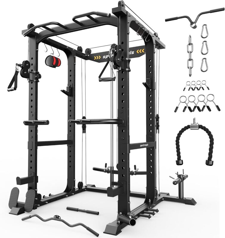 Sportsroyals Power Rack, multifunktionaler Power-Käfig mit LAT-Pulldown-Riemenscheibensystem, Kniebeugenständer mit mehr Trainingsaufsätzen für Zuhause, Fitnessstudio, 544 kg Tragkraft, Rot