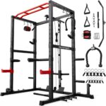 Sportsroyals Power Rack, multifunktionaler Power-Käfig mit LAT-Pulldown-Riemenscheibensystem, Kniebeugenständer mit mehr Trainingsaufsätzen für Zuhause, Fitnessstudio, 544 kg Tragkraft, Rot