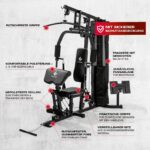 FitEngine Kraftstation | Multifunktions-Homegym für den ganzen Körper | Gewichte bis zu 67 kg einstellbar, mit Latzugstange, Beinpresse, Bizepscurl-Polster u.v.m. | Hochwertiges Stahlmaterial