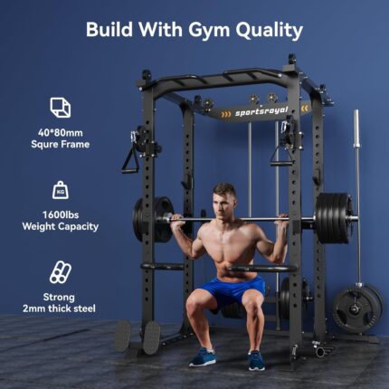 Sportsroyals Power Rack, multifunktionaler Power-Käfig mit LAT-Pulldown-Riemenscheibensystem, Kniebeugenständer mit mehr Trainingsaufsätzen für Zuhause, Fitnessstudio, 544 kg Tragkraft, Rot