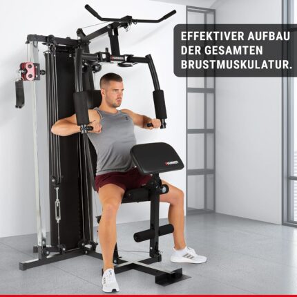 HAMMER Kraftstation Ferrum TX2 - Butterfly Trainer mit Kabelzug, mit Latzugstange, Beinpresse für Zuhause, Bizeps & Trizeps Trainingsgerät, über 45 Übungen für Bauch, Rücken & Co, 150 x 120 x 198 cm
