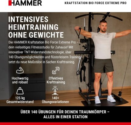 HAMMER Kraftstation BioForce Extreme Pro, Fitnessstation für zu Hause, mit TNT-Widerstandstechnologie, Fitness-Tower mit 125 kg Zuggewicht, über 140 Übungen