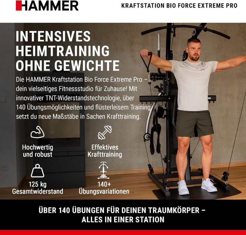 HAMMER Kraftstation BioForce Extreme Pro, Fitnessstation für zu Hause, mit TNT-Widerstandstechnologie, Fitness-Tower mit 125 kg Zuggewicht, über 140 Übungen