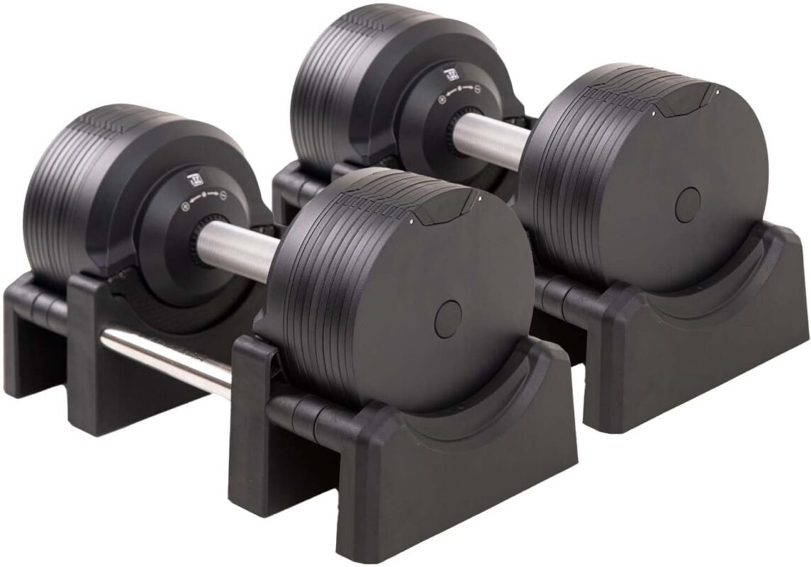 BRAINGAIN Verstellbare Kurzhantel Set 23,5kg / 32,5kg – Jetzt mit 34mm Gen 4-Griff – Gewichte in 1 Sek wechseln – Platzsparendes Homegym – Mehrere Gewichte in einem – Chrom/Schwarz