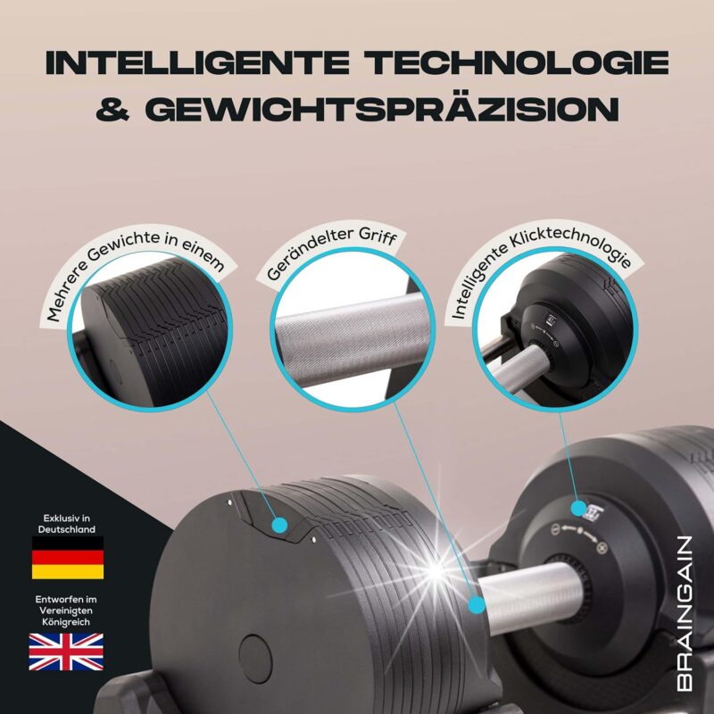BRAINGAIN Verstellbare Kurzhantel Set 23,5kg / 32,5kg – Jetzt mit 34mm Gen 4-Griff – Gewichte in 1 Sek wechseln – Platzsparendes Homegym – Mehrere Gewichte in einem – Chrom/Schwarz